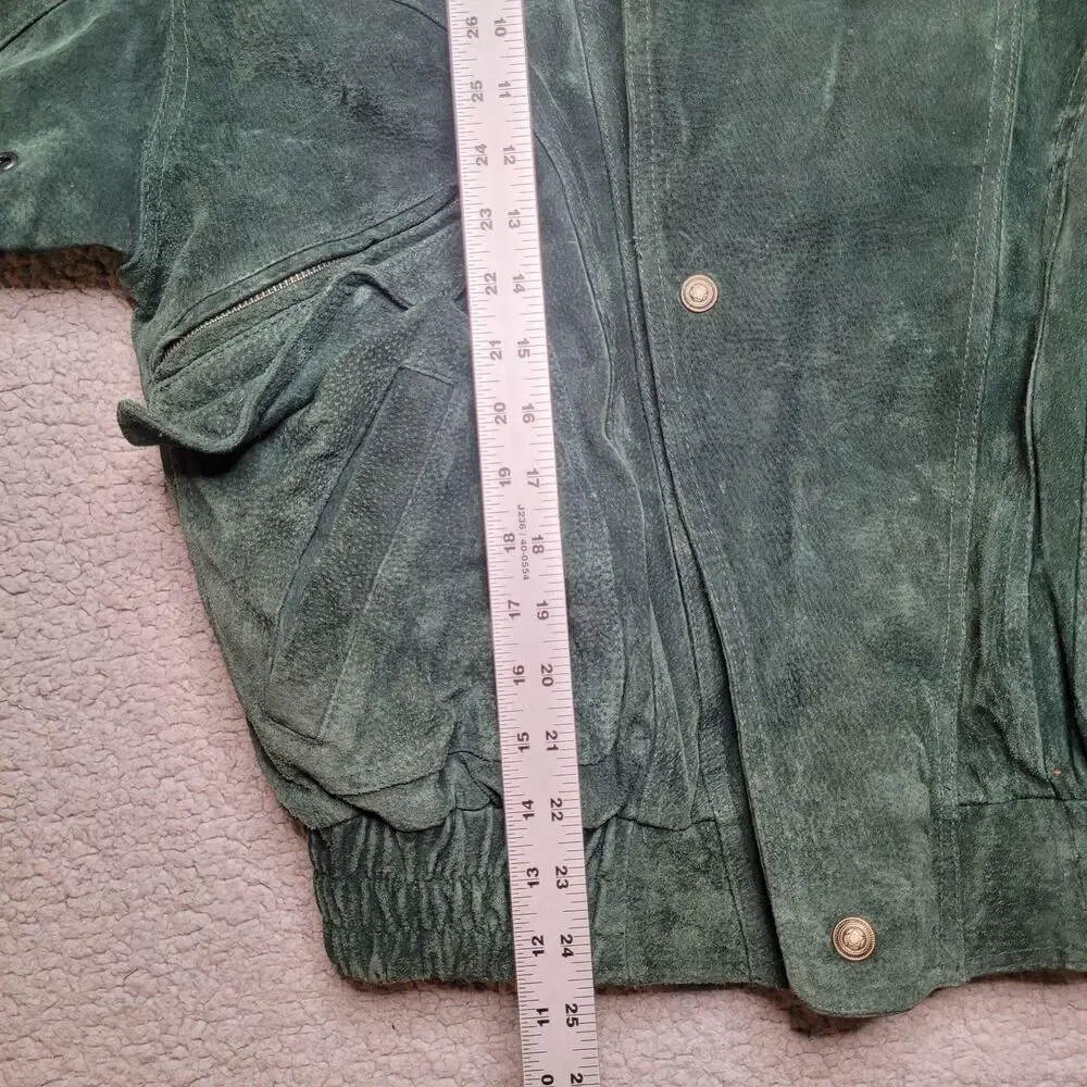 Vintage Green Suede Jacket Men Small Bomber Leather Trim Zip 90s Double Breasted